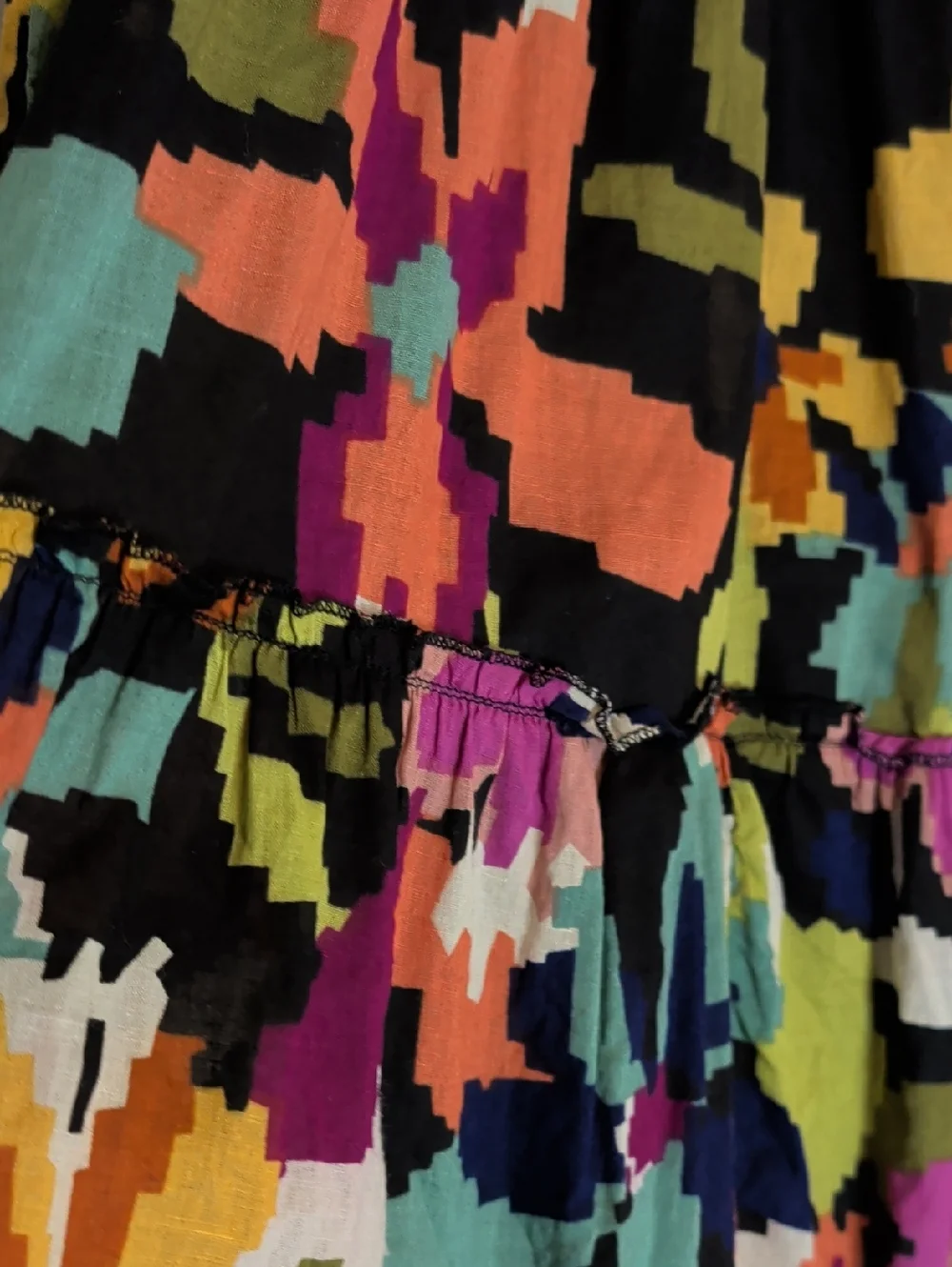 Vintage Boho Tiered Midi Skirt Smocked Waist Abstract Floral Cotton Large